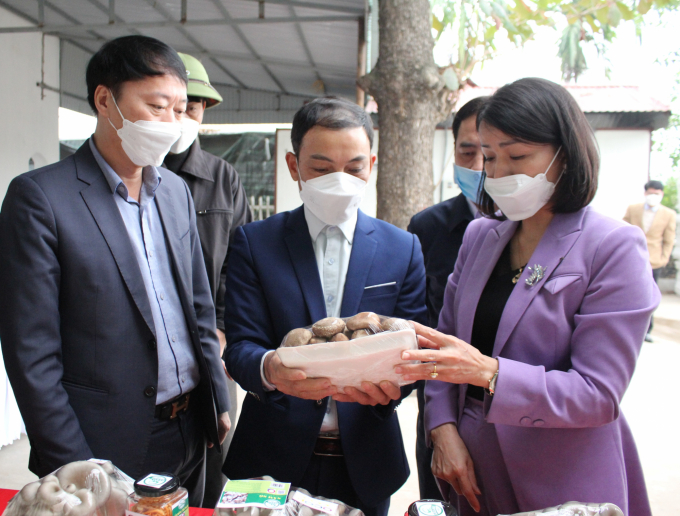Bà Vũ Thị Hà, Chủ tịch UBND huyện Tứ Kỳ (ngoài cùng bên phải) và đoàn công tác của huyện thăm mô hình trồng nấm của Công ty TNHH Sản xuất nấm Hải Dương. Ảnh: Trung Quân.