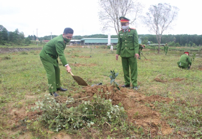 Cán bộ chiến sĩ Trại giam Bình Điền ra quân trồng cây bảo vệ môi trường. Ảnh: T.T
