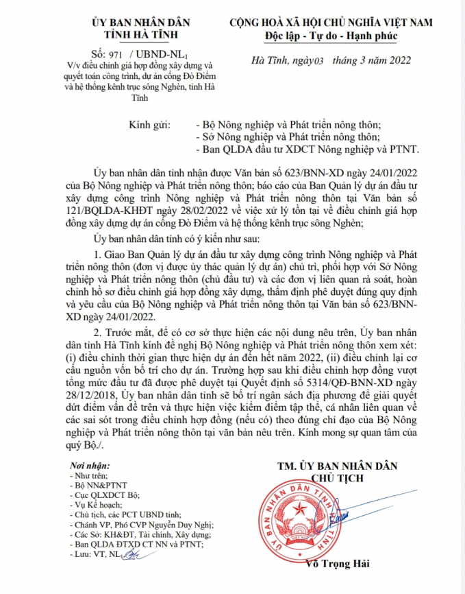 UBND tỉnh Hà Tĩnh sẽ thực hiện kiểm điểm tập thể, cá nhân liên quan về các sai sót tại dự án cống Đò Điểm và hệ thống kênh trục sông Nghèn theo chỉ đạo của Bộ NN-PTNT. Ảnh: Thanh Nga.