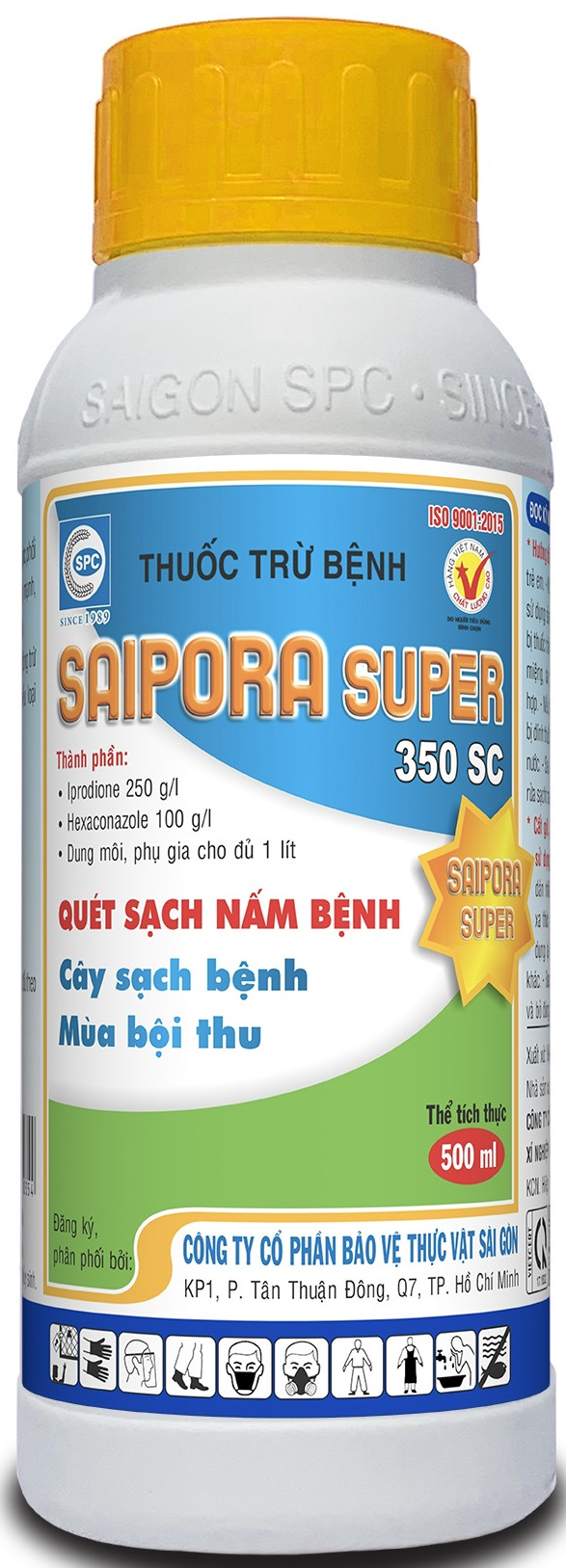 Saipora Super 350SC: Thuốc trừ bệnh khô vằn hại lúa, sản phẩm do Công ty Cổ phần BVTV Sài Gòn (SPC) nghiên cứu, phối chế và sản xuất. Ảnh: Minh Tuyên.