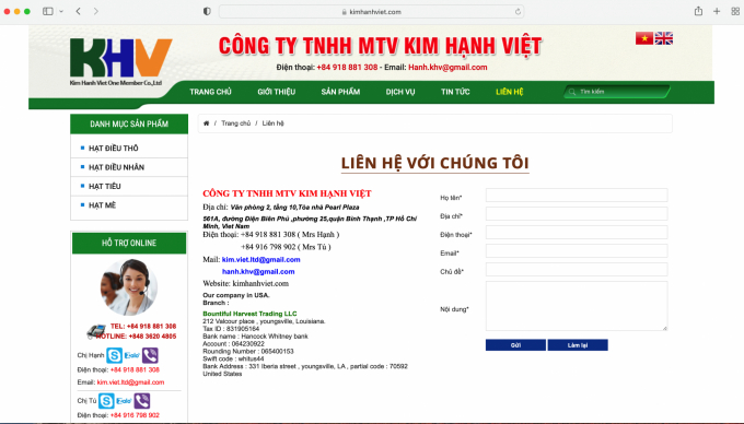  2 out of 3 addresses of Kim Hanh Viet Company Limited in Ho Chi Minh City.