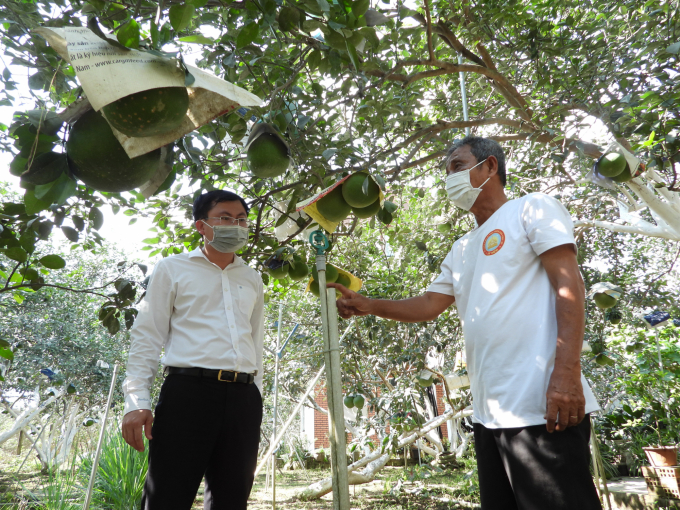 Mr. Sang (left) was excited to hear Mr. Minh introducing the VietGAP farming procedures. Photo: Tran Trung.