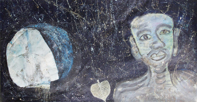 qtHai trong số nhiều tác phẩm tiêu biểu: Đêm rơi miền vũ trụ và Thi sĩ ôm bầu chữ gió của hoạ sĩ Huỳnh Lê Nhật Tấn tại triển lãm Vết căn nguyên vừa tổ chức tại TP.HCM, năm 2022. Ảnh: Minh Sáng.