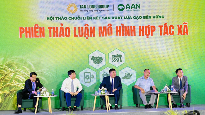 Phiên thảo luận mô hình HTX trong chuỗi liên kết sản xuất lúa gạo bền vững - Cánh đồng hạnh phúc của Công ty Cổ phần Tập đoàn Tân Long. Ảnh: Lê Hoàng Vũ.