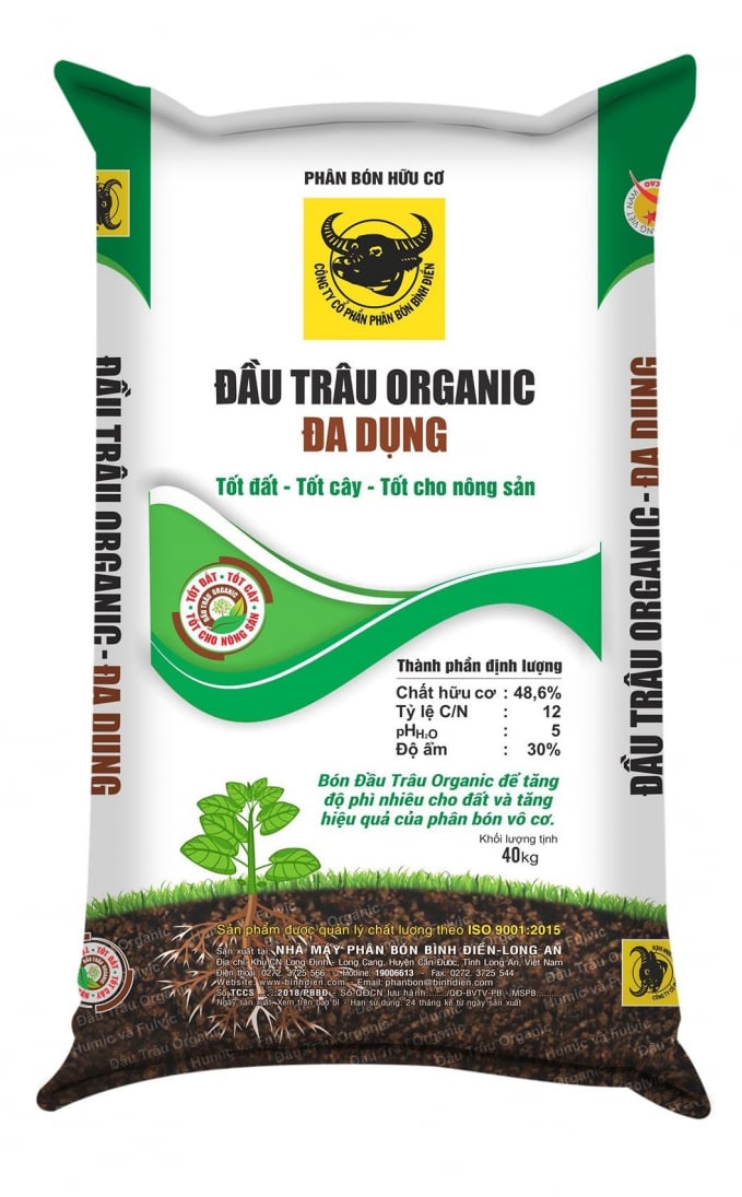 Phân bón Đầu Trâu Organic đa dụng của Công ty Cổ phần Phân bón Bình Điền giúp cải tạo đất và nâng cao năng suất cây trồng. 