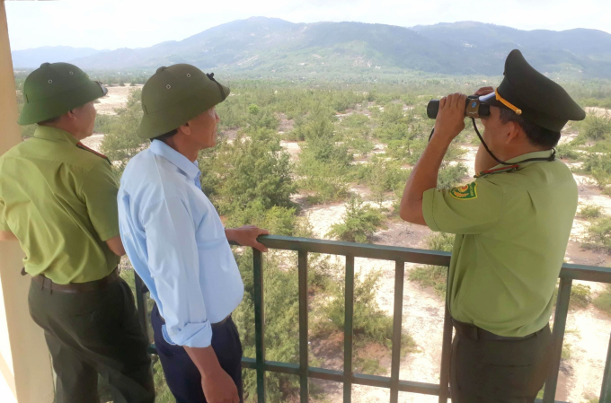 Lực lượng kiểm lâm huyện Phù Mỹ (Bình Định) kiểm tra rừng từ đài quan sát. Ảnh: CCKLBĐ.