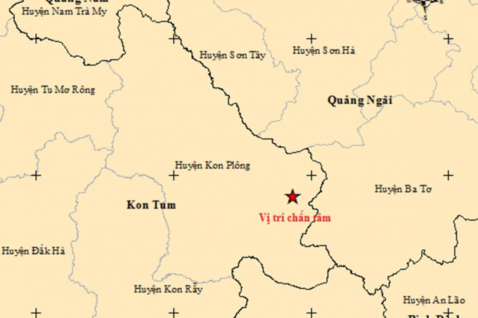 Vị trí xảy ra động đất ở Kon Tum ngày 18/4. Ảnh: Viện Vật lý địa cầu.