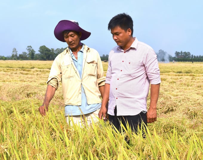Cán bộ nông nghiệp xã Mỹ Thành Bắc (huyện Cai Lậy, tỉnh Tiền Giang) trao đổi cùng nông dân trong vụ lúa hè thu 2022.  Ảnh: Hữu Đức.