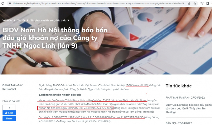 Ảnh chụp màn hình thông báo bán đấu giá tài sản trên trang Web của BIDV Nam Hà Nội đối với khoản vay thế chấp của Công ty Ngọc Linh. Ảnh: TN.