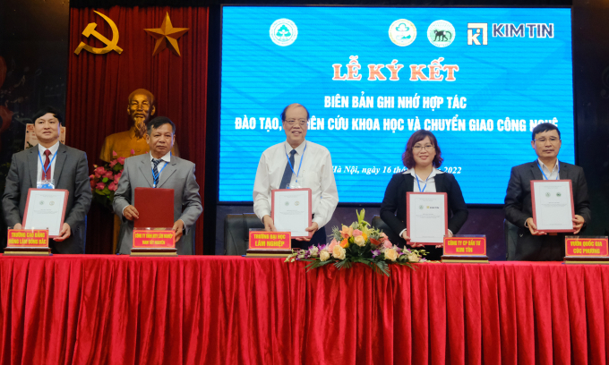 The signing ceremony of cooperation between the Vietnam National University of Forestry and related units in training, scientific research, and technology transfer. Photo: Bao Thang.