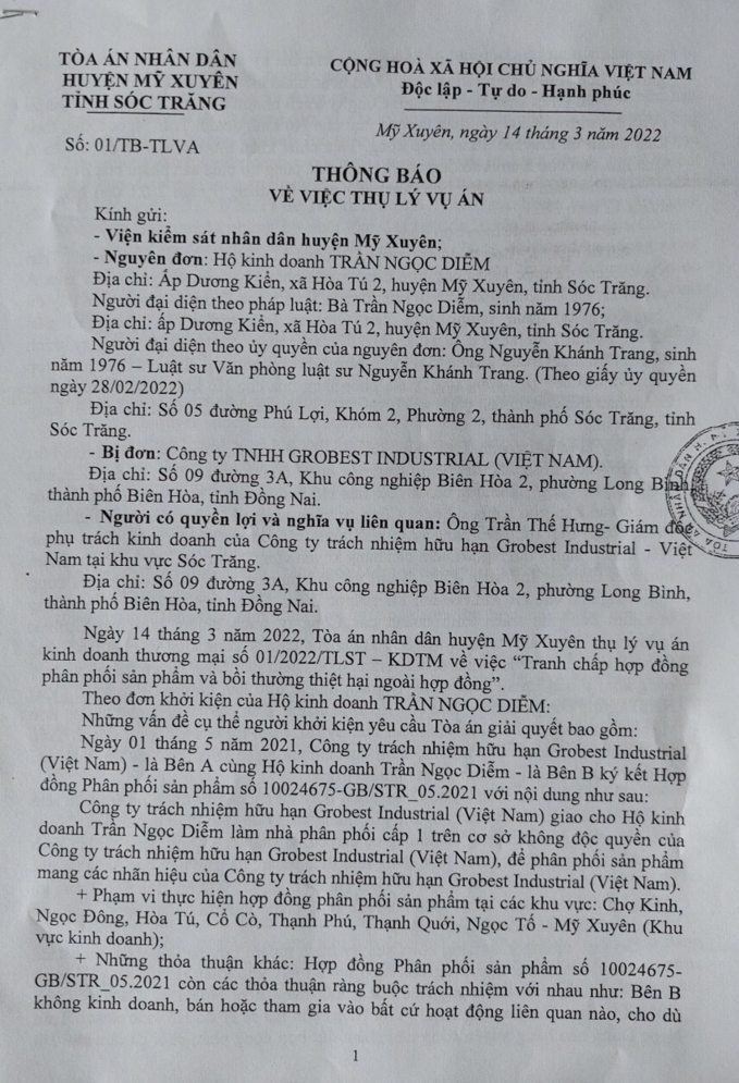 Thông báo thụ lý vụ án của TAND huyện Mỹ Xuyên 