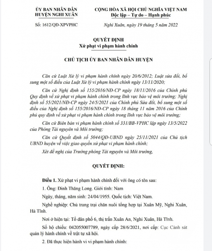 Trang trại ông Long bị xử phạt 20 triệu đồng vì không thực hiện quan trắc chất thải gửi cơ quan Nhà nước có thẩm quyền theo quy định. Ảnh: Thanh Nga.