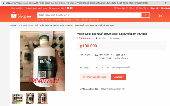 Sản phẩm vacxin E.coli bại huyết được cửa hàng Sangyen01 đăng bán trên ứng dụng Shopee. Ảnh: Minh Phúc.