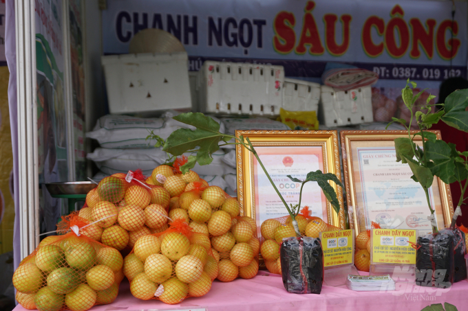Chanh dây ngọt Sáu Công được chọn là 1 trong những sản phẩm OCOP đại diện tỉnh Sóc Trăng trưng bày tại Hội chợ, triển lãm sản phẩm nông nghiệp tiêu biểu TP.HCM 2022. Ảnh: Nguyễn Thủy.