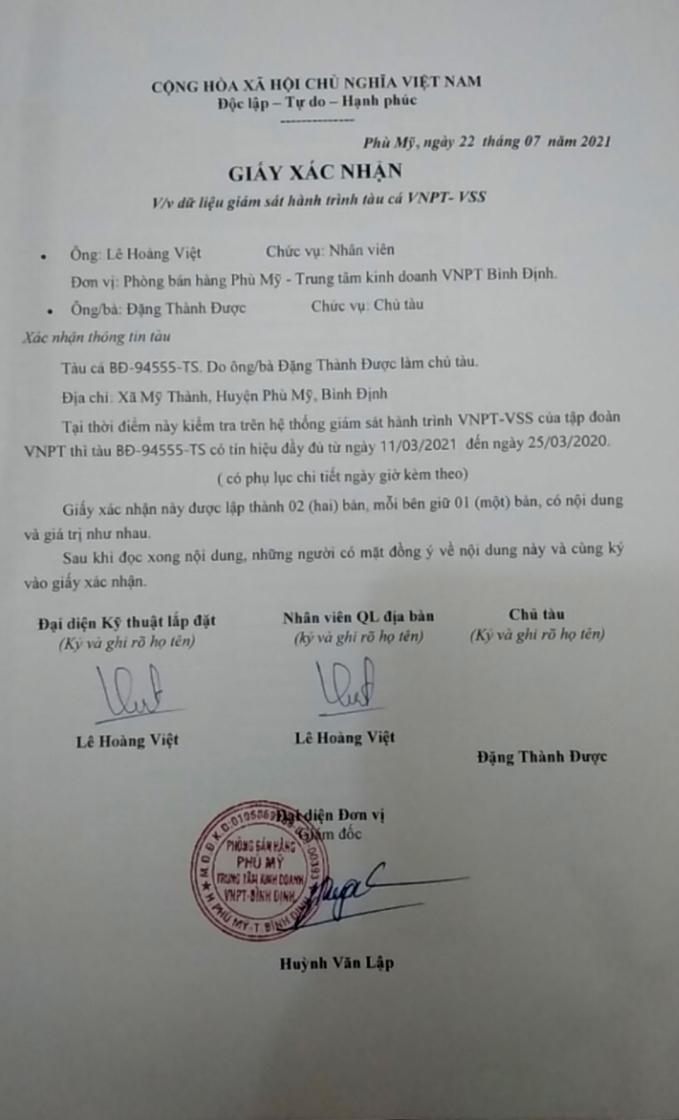 Giấy xác nhận tàu BĐ 94555 TS của vợ chồng chị Thủy có tín hiệu đầy đủ từ ngày 11/3/2021 đến ngày 25/3/2021 của VNPT Bình Định. Ảnh: ĐT.