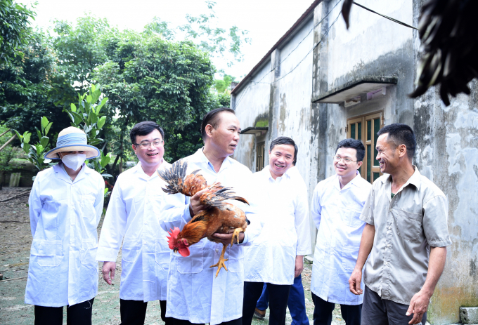 Thứ trưởng Phùng Đức Tiến kiểm tra cá thể gà lông màu được nuôi tại xã Xuân Lương, huyện Yên Thế, tỉnh Bắc Giang. Ảnh: Minh Phúc.