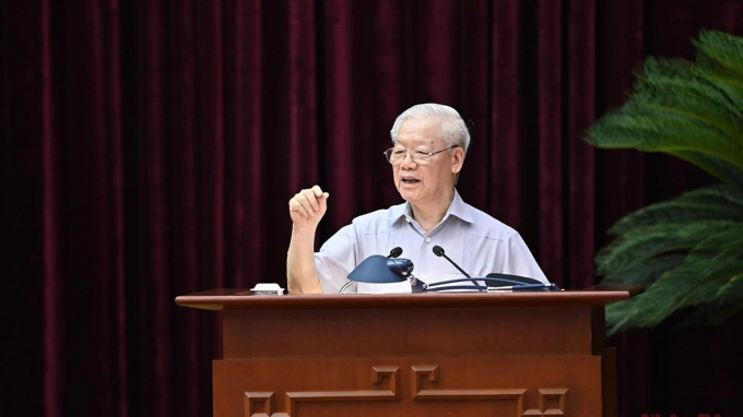 Tổng Bí thư Nguyễn Phú Trọng phát biểu ý kiến chỉ đạo tại hội nghị tổng kết 10 năm công tác phòng, chống tham nhũng, tiêu cực giai đoạn 2012-2022, sáng 30/6. 