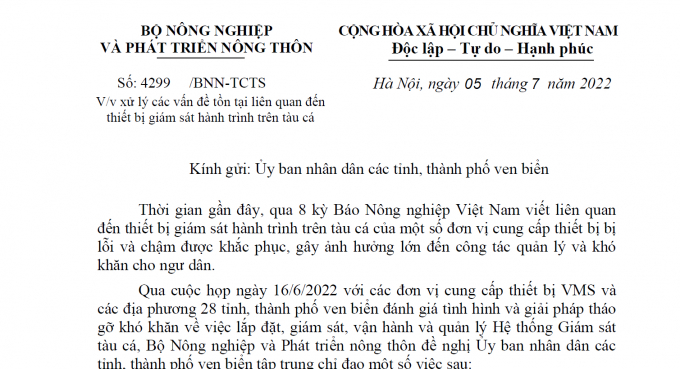 Công văn 4299 của Bộ NN-PTNT do Thứ trưởng Phùng Đức Tiến ký. Ảnh: Tùng Đinh.