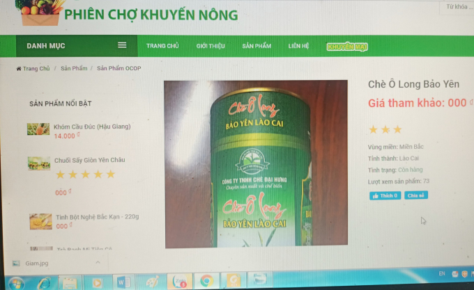 Sản phẩm OCOP Chè Ô Long Bảo Yên đưa lên trang tin điện tử Phiên chợ Khuyến nông. Ảnh: Lưu Hòa.