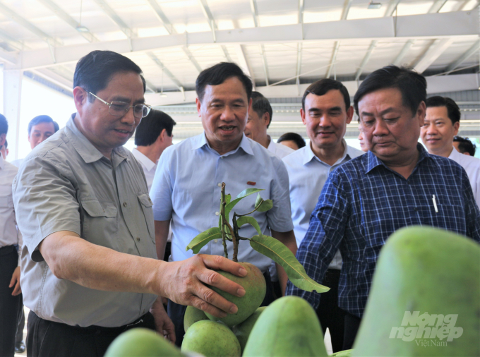 Thủ tướng Phạm Minh Chính (ngoài cùng bên trái) và Bộ trưởng Bộ NN-PTNT Lê Minh Hoan (ngoài cùng bên phải) thăm Trung tâm Chế biến rau quả Doveco Sơn La vào cuối tháng 5/2022. Ảnh: Phạm Hiếu.