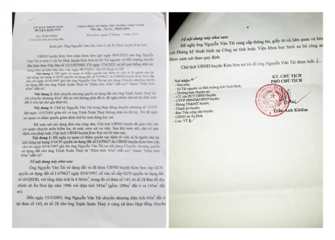 Văn bản trả lời gia đình ông Tài của Chủ tịch UBND huyện Kim Sơn. 