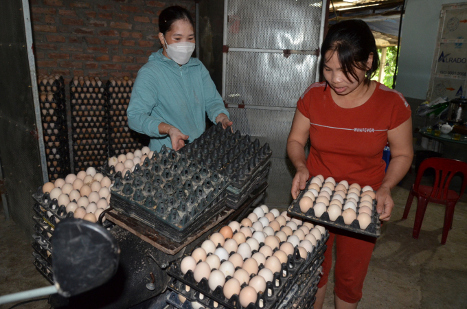 Chị Tống Thị Hồng (bên phải) đang bê trứng ra bán cho một khách lẻ. Ảnh: NNVN.