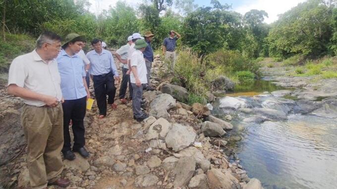 Đoàn công tác của huyện Tuy An kiểm tra sự cố môi trường tại khu vực suối Cái do các trang trại nuôi heo ở xã An Thọ, An Lĩnh (huyện Tuy An) gây ra. Ảnh: NH.