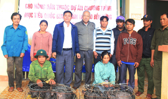 Ông Trần Ngọc Vinh – Phó Chủ tịch Thường trực Hội Nông dân tỉnh Quảng Ngãi (đứng thứ 3 từ trái sang) trao heo cho bà con nông dân.