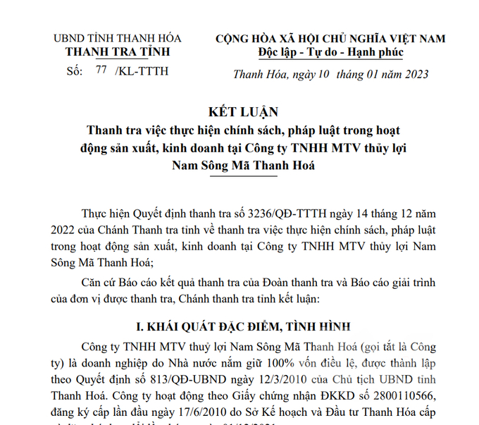 Kết luận của Thanh tra tỉnh Thanh Hóa chỉ rõ nhiều vi phạm tại Công ty TNHH MTV thủy lợi Nam Sông Mã Thanh Hóa.