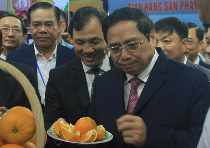 Thủ tướng Phạm Minh Chính tham quan khu gian hàng trưng bày nông sản của các tỉnh trong khu vực. Ảnh: Đ.T.