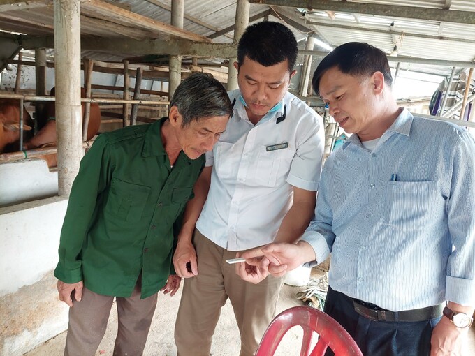 Cán bộ Chi cục Chăn nuôi và Thú y Quảng Trị kiểm tra chất cấm tại trang trại chăn nuôi. Ảnh: Việt Toàn.