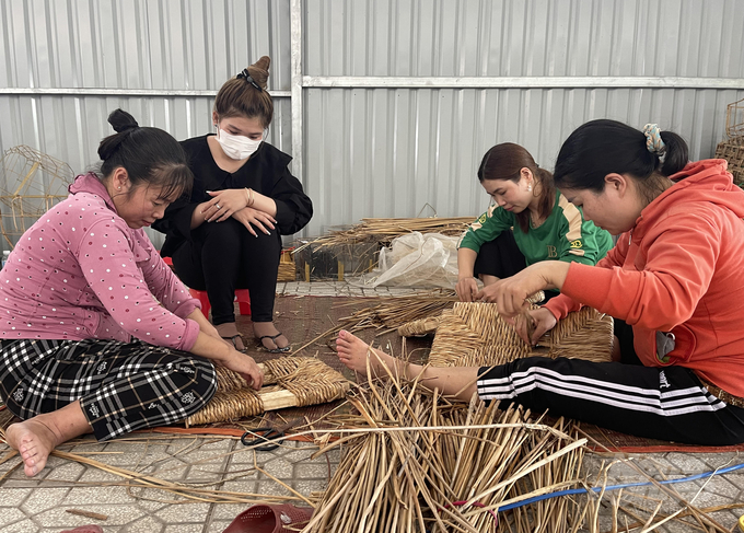 Phụ nữ nông thôn học nghề đan đác giỏ từ cỏ năn tượng khô tại HTX MCF Mỹ Quới Ảnh Hữu Đức