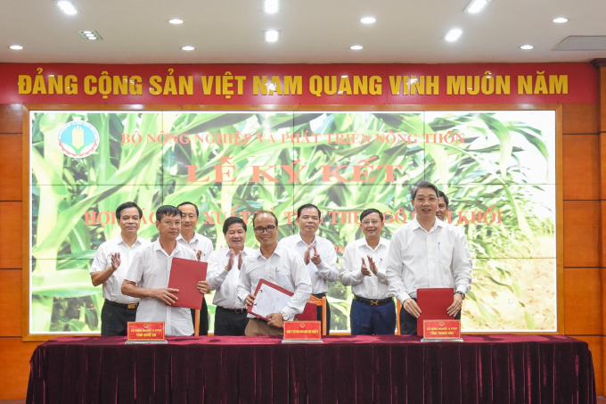 Đại diện Công ty Cổ phần Chăn nuôi thực phẩm TH True Milk ký hợp tác sản xuất, tiêu thụ ngô sinh khối với các tỉnh Nghệ An và Thanh Hóa. Ảnh: Tùng Đinh