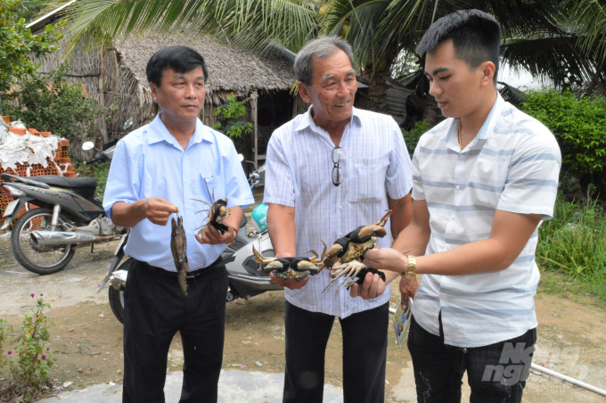 Ông Lê Thế Sua, GĐ HTX Thuận Phát cùng các đại biểu đánh giá chất lượng tôm, cua thu hoạch từ mô hình sử dụng sản phẩm sinh học Bồ Đề. Ảnh: Trung Chánh.