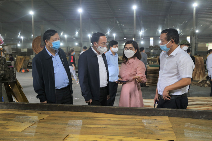 Chairman of Bac Kan Provincial People's Committee Nguyen Dang Binh (2nd from the left) working with a wood processing business in Thanh Binh Industrial Park. Photo: Toan Nguyen.