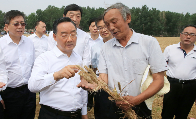 Bộ trưởng Nông nghiệp Trung Quốc Hàn Trường Phú trong chuyến thị sát tình hình thu hoạch lúa mì ở tỉnh Hà Bắc ngày 23/6/2021. Ảnh: Xinhua