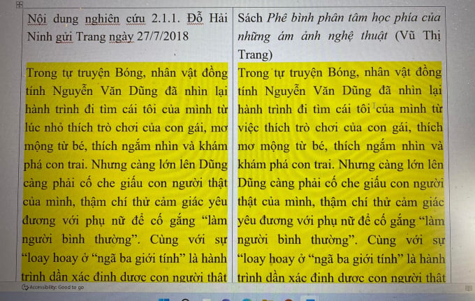 Những đoạn văn giống hệt nhau giữa nghiên cứu của Đỗ Hải Ninh và cuốn sách của Vũ Thị Trang.