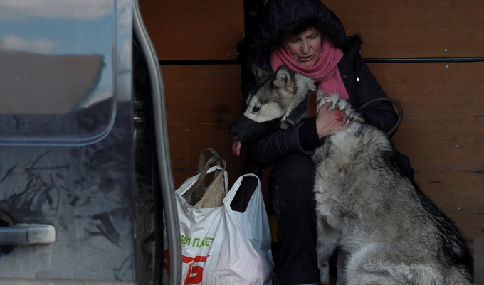 Một cụ bà ở ngoại ô thủ đô Kiev ôm con chó chuẩn bị lên xe đi sơ tán hôm 10/3/2022. Ảnh: Reuters