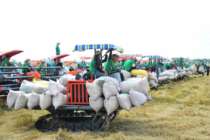 In the winter-spring rice crop 2021 - 2022, Loc Troi donated 123 agricultural machineries valuing over VND100 billion to An Giang farmers linked with Loc Troi Group. Photo: Le Hoang Vu.