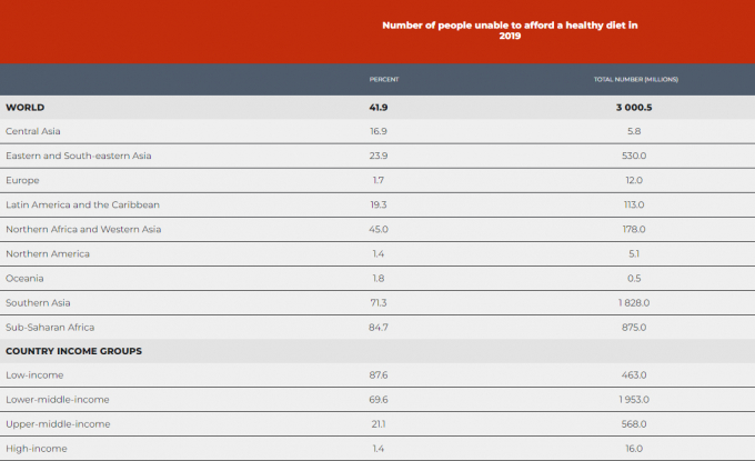 NOTES: The table shows the number and the share of people who cannot afford a healthy diet, or who are at risk of not being able to afford one if a shock reduces their income by one-third, by region and income group in 2019. The 2019 cost of a healthy diet is taken from FAO et al. (2021). See Annex 1 of the report for methodology and data sources and Annex 3 of the report for the results for the full set of countries.SOURCE: FAO elaboration for the report.