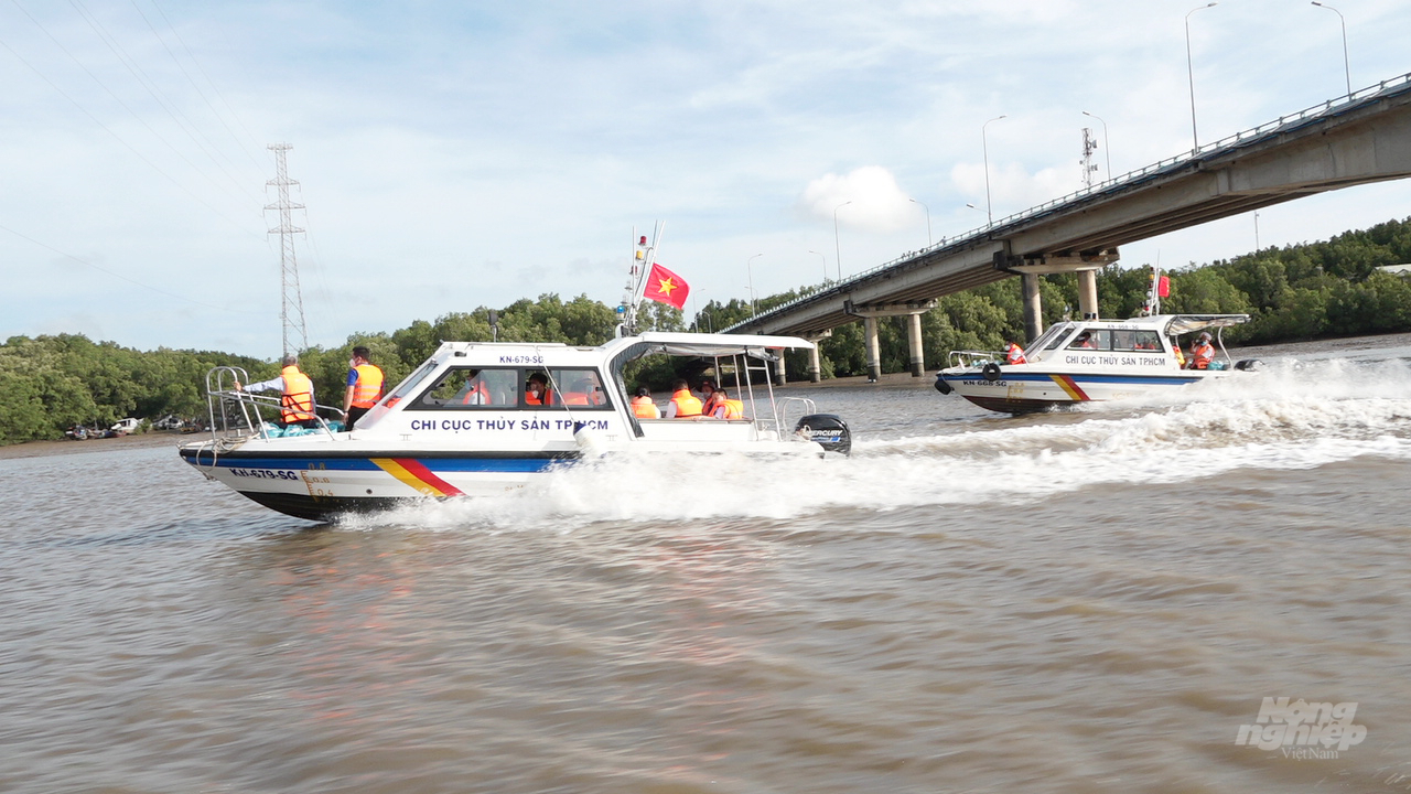 Đoàn đại biểu tham gia hoạt động thả cá xuống sông tái tạo nguồn lợi thuỷ sản. Ảnh: Minh Sáng.