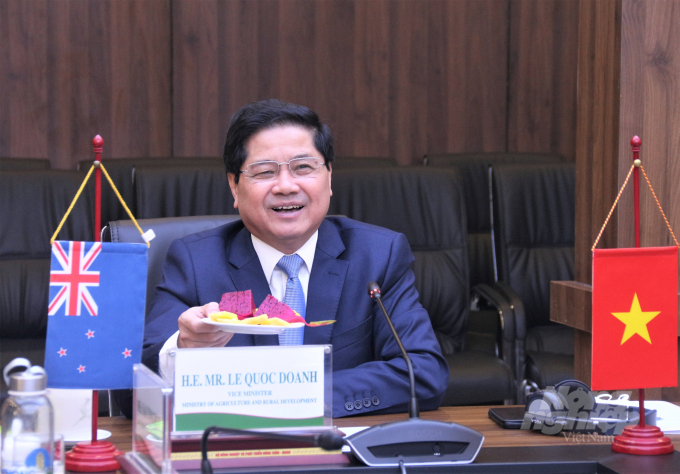 Deputy Minister Le Quoc Doanh introduced Vietnam's red flesh dragon fruit to the New Zealand representative. Photo:  Pham Hieu.