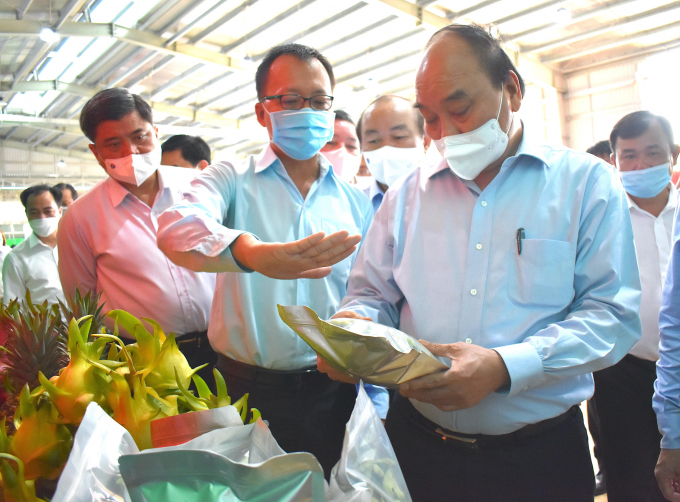 Chủ tịch nước Nguyễn Xuân Phúc tham quan gian hàng trưng bày một số loại trái cây đặc sản của tỉnh Tiền Giang tại HTX Mỹ Tịnh An, huyện Chợ Gạo. Ảnh: Minh Đảm.