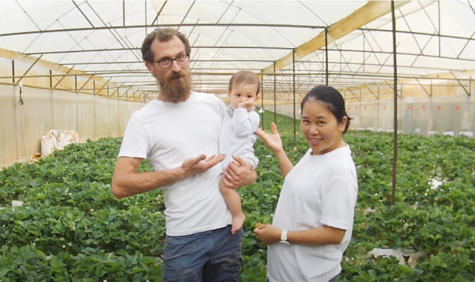 Marco, Hue and their son in an organic vegetable garden in Da Lat. Photo: Organica.