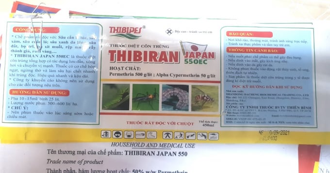 Thuốc diệt côn trùng THIBIRAN JAPAN 550EC không có tên trong danh mục thuốc  bảo vệ thực vật được phép sử dụng tại Việt Nam. Ảnh: Thanh tra Đồng Nai cung cấp.