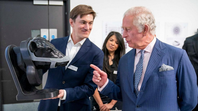 Prince Charles views a design at the Royal College of Art for the school's Terra Carta Design Lab Exhibition. Photo: Reuters