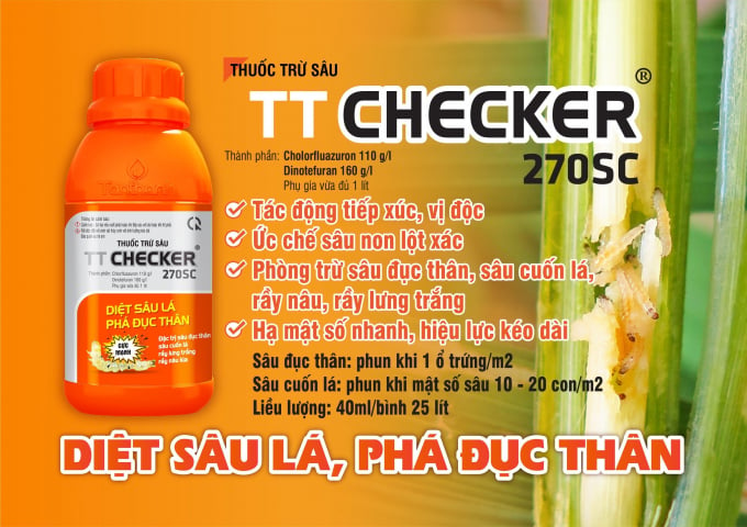 Sản phẩm TT Checker 270SC của Công ty TNHH TM Tân Thành, với khả năng ức chế sâu non lột xác, phòng trừ sâu đục thân. Ảnh: ĐTT.