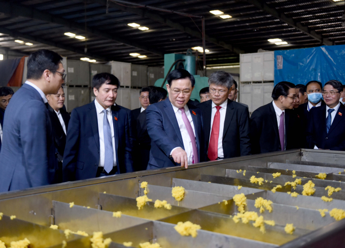 Chủ tịch Quốc hội Vương Đình Huệ tham quan dây chuyền sản xuất tại Nhà máy chế biến mủ cao su 27/2 thuộc Cao su Việt Lào. Ảnh: VRG.