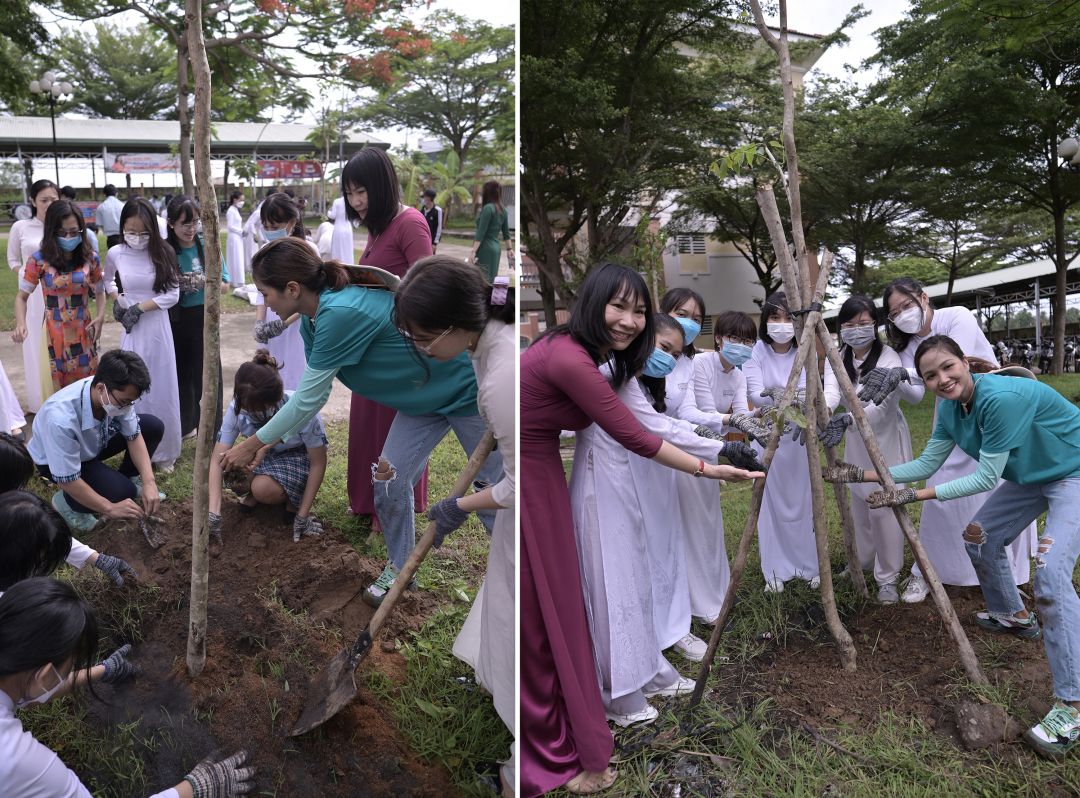 Hướng dẫn các bạn học sinh trường THPT Nguyễn Văn Tăng trồng cây.