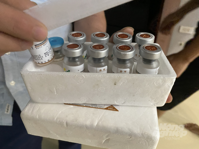 Đoàn kiểm tra phát hiện những lọ vacxin Reovirus nhập lậu, ngoài Danh mục sản phẩm được phép lưu hành tại Việt Nam tại cửa hàng thuốc thú y Xuân Hòa. Ảnh: Minh Phúc.